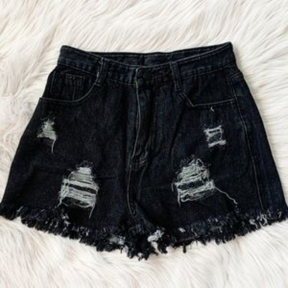 1 LEFT! Black Destroyed High Rise Jean Shorts - Picture 7 of 7